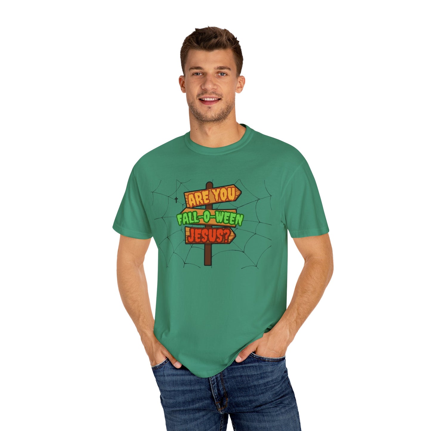 Fall-o-Ween Jesus T-shirt, Unisex Garment-Dyed Tee, Halloween T-shirt, Fall Celebration Apparel, Fun Family Outfit