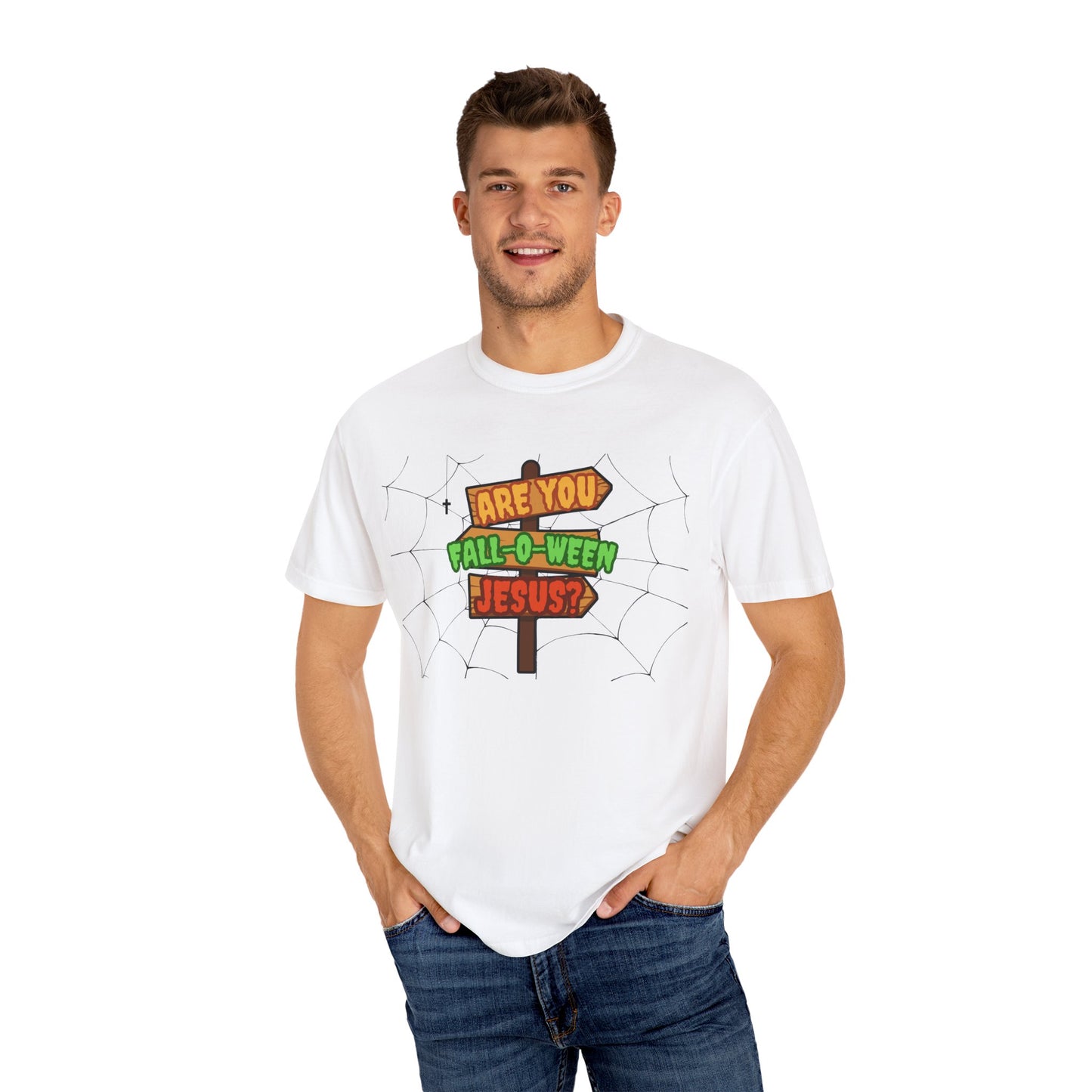 Fall-o-Ween Jesus T-shirt, Unisex Garment-Dyed Tee, Halloween T-shirt, Fall Celebration Apparel, Fun Family Outfit