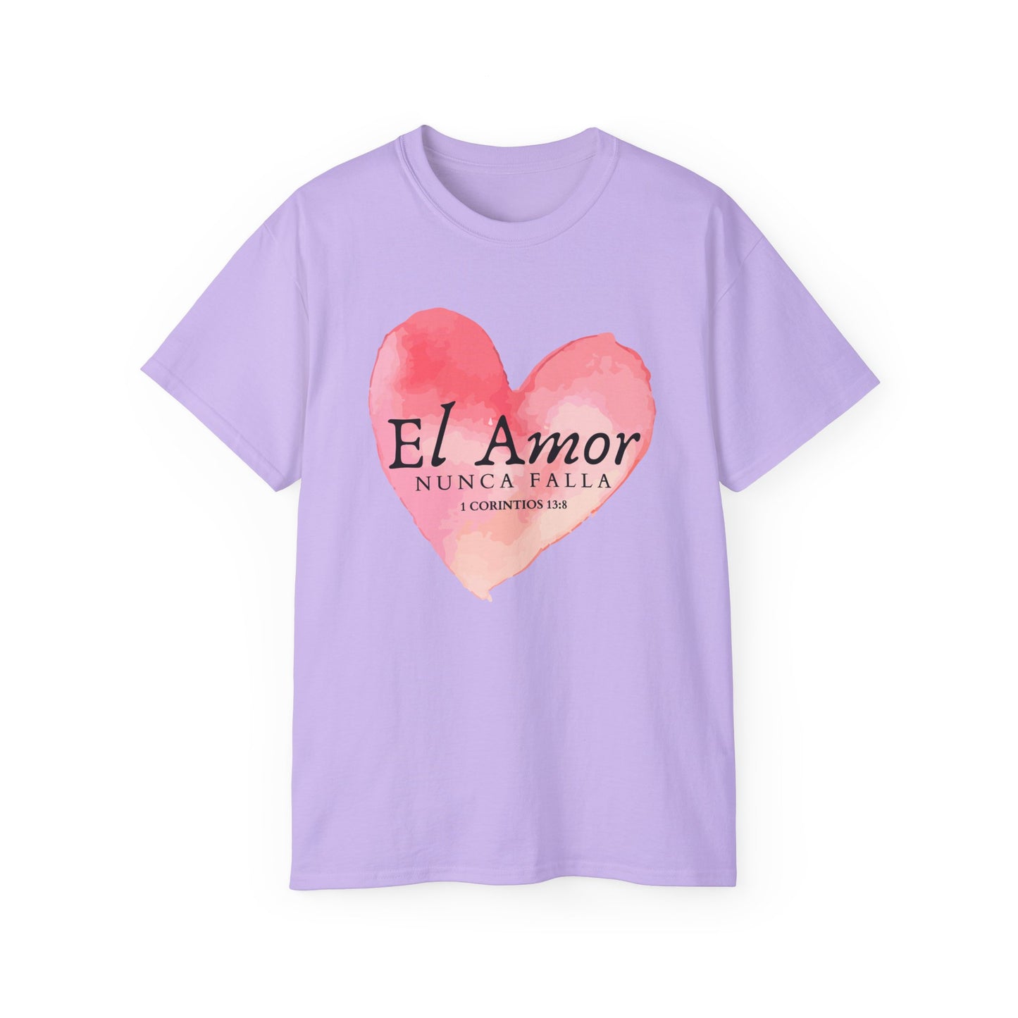 El Amor Nunca Falla Heart T‑Shirt — Spanish Love Verse Tee