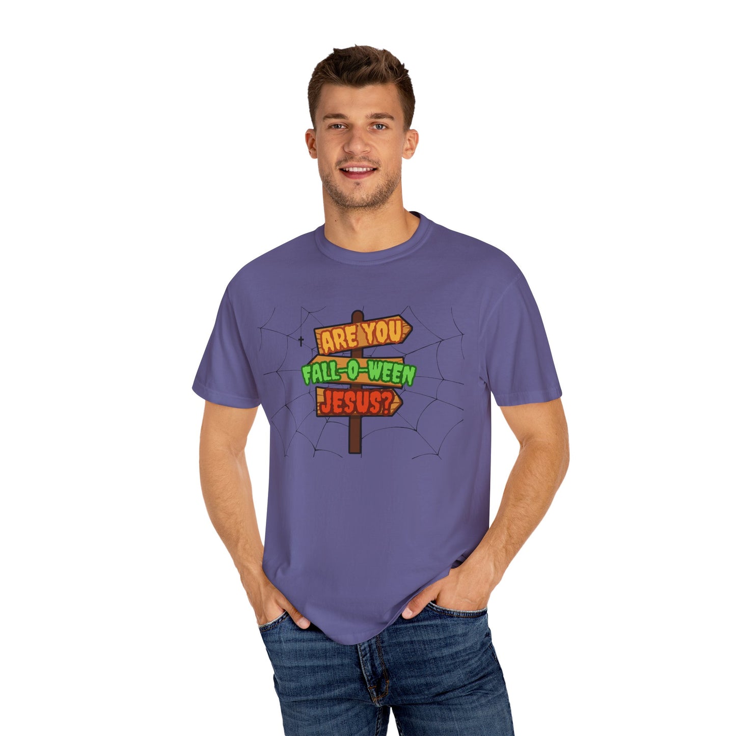 Fall-o-Ween Jesus T-shirt, Unisex Garment-Dyed Tee, Halloween T-shirt, Fall Celebration Apparel, Fun Family Outfit